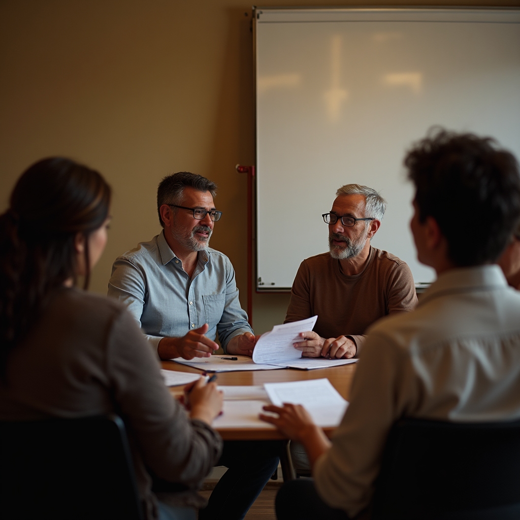 Group of five adults in their 40s and 50s seated in a semicircle during an informal financial education session, engaged and attentive, warm meeting room