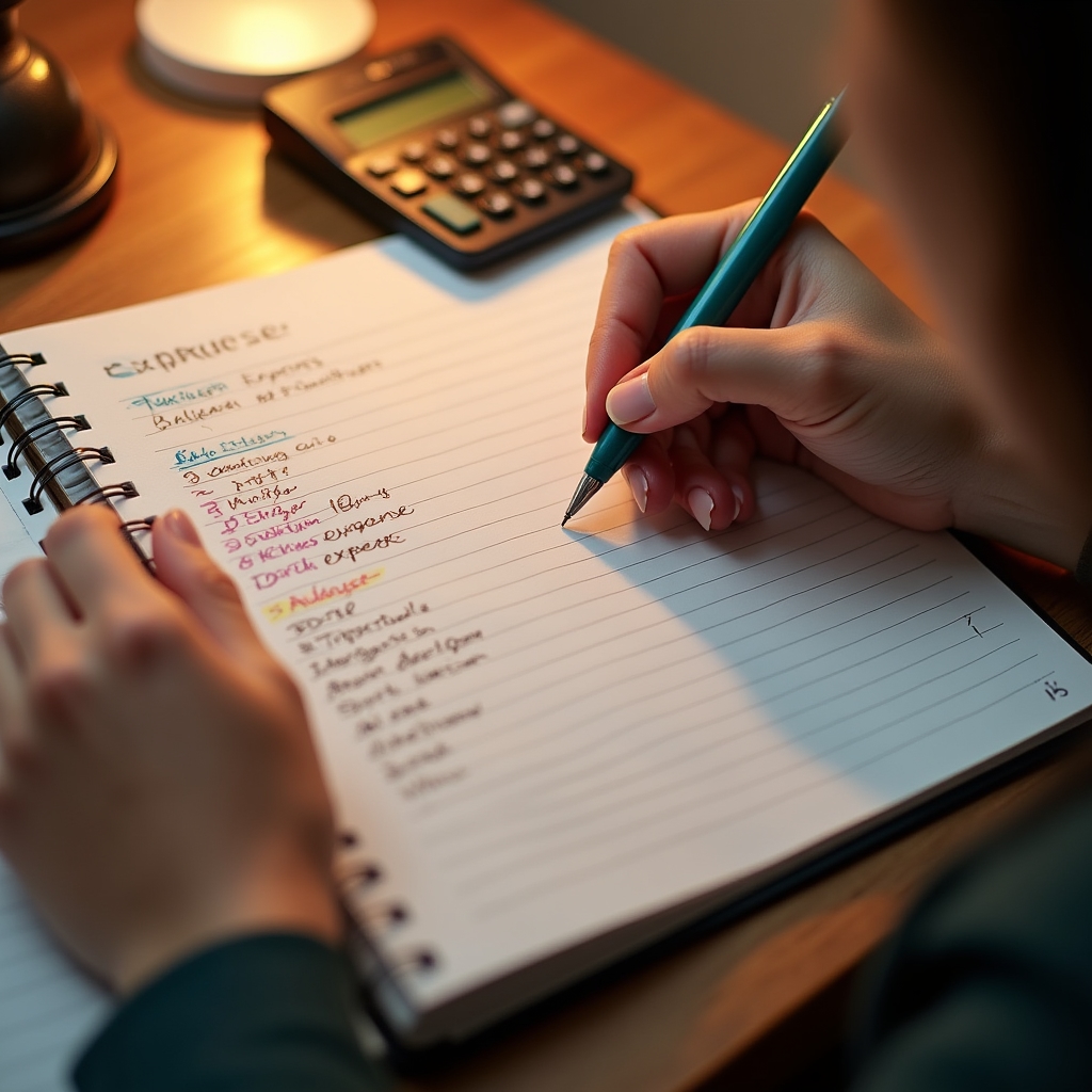 Close-up of hands writing expense entries in a ruled notebook with colored pens, a calculator beside it, warm desk lighting, detailed and organized layout