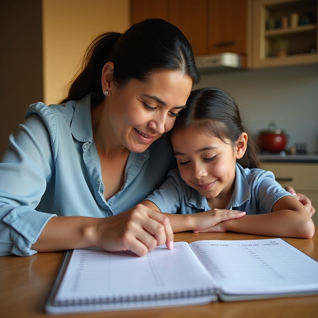 Mother and daughter reviewing a household budget notebook at a kitchen table in Ecuador