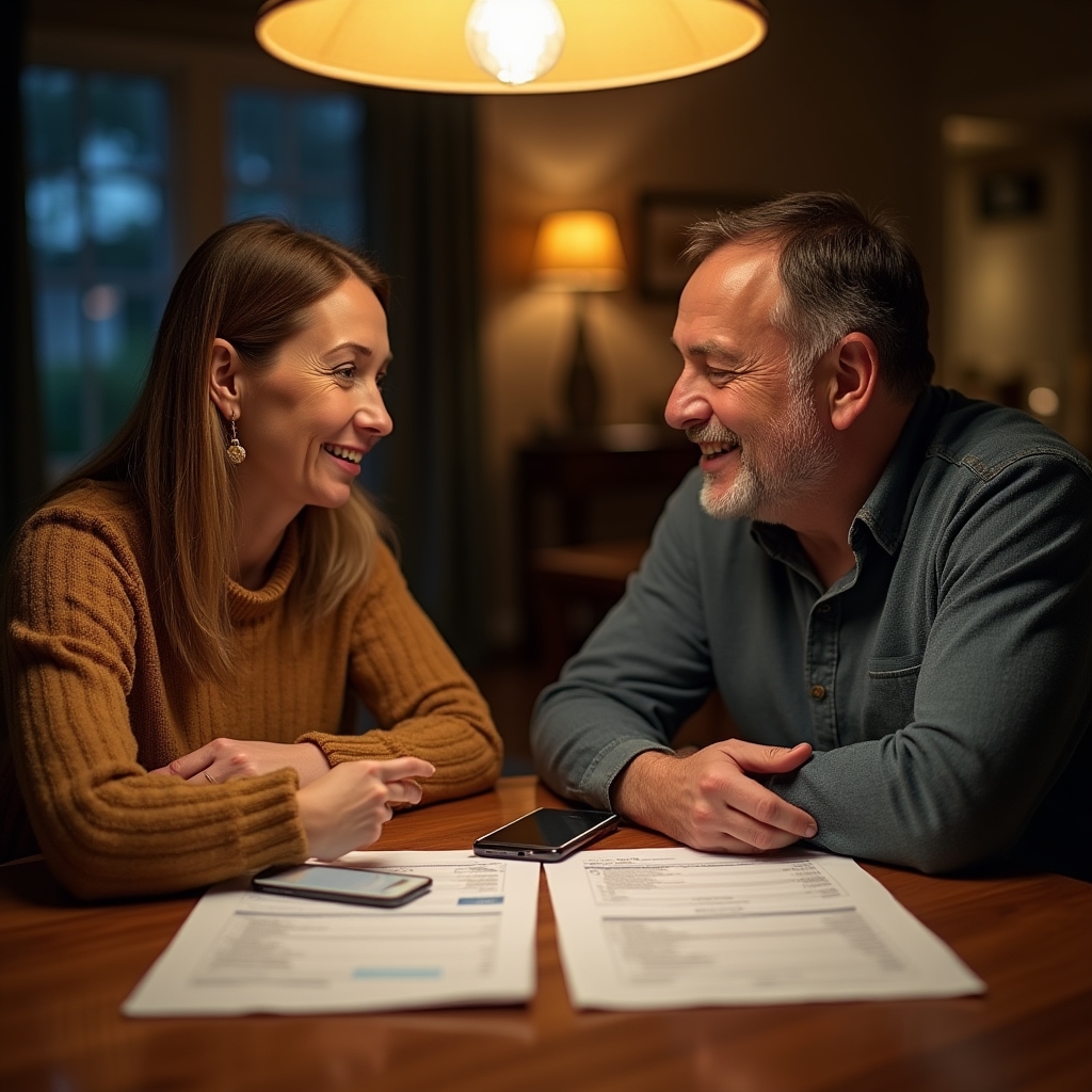 Two adults having a calm conversation at a dining table with papers and a phone, warm indoor lighting