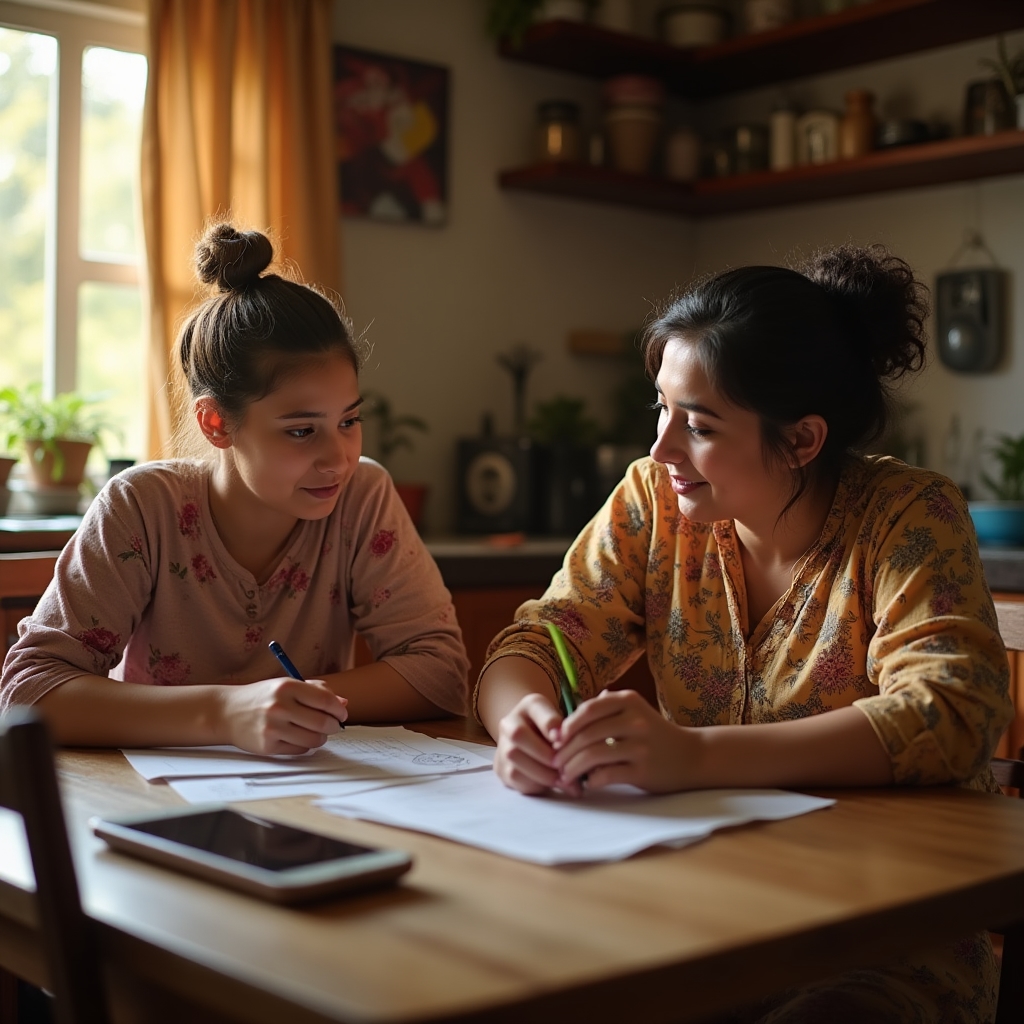 Ecuadorian family reviewing finances together at home