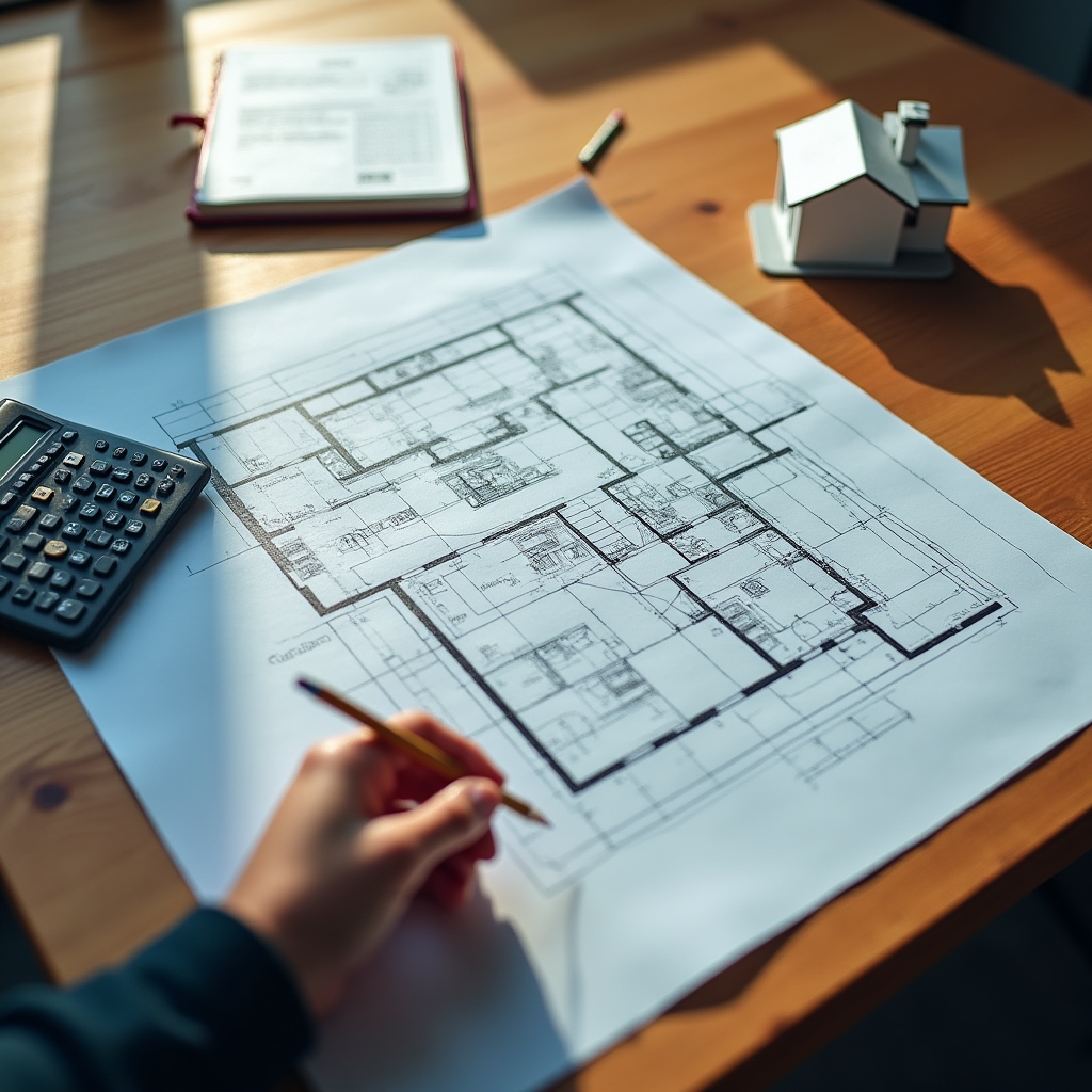 Architectural blueprint spread on a table next to a small model house and a calculator, warm natural light