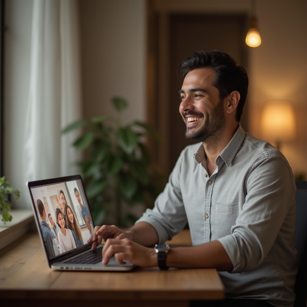 Ecuadorian man in his 40s on a video call with his family, smiling, seated at a desk in a clean apartment abroad