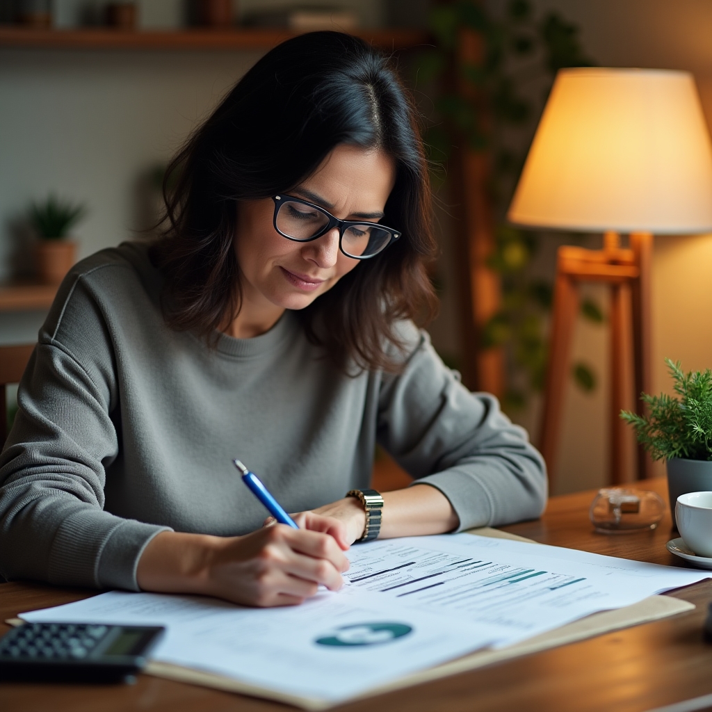 Woman in her late 40s sitting at a desk reviewing a printed financial plan with reading glasses, focused and calm, warm office lighting