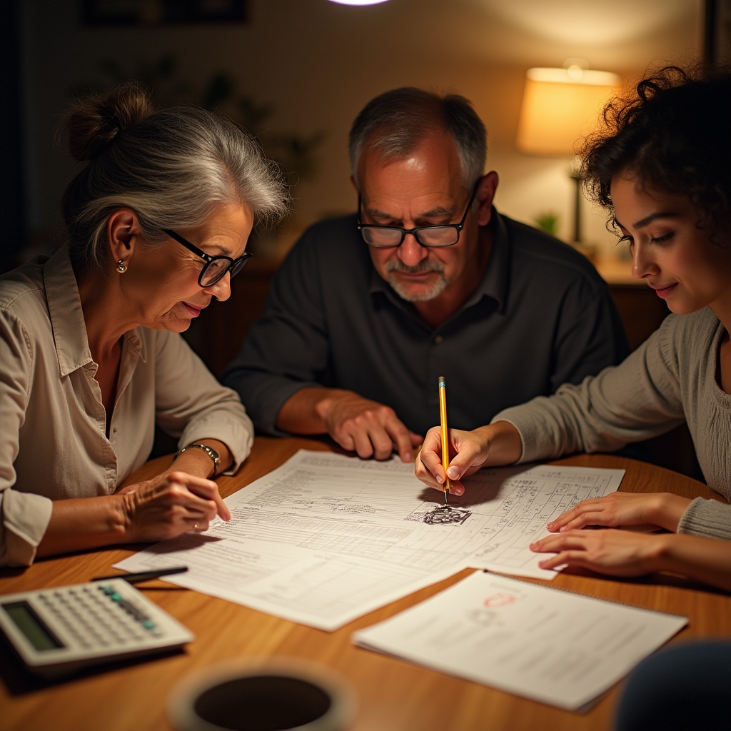 Family sitting at a table reviewing a monthly budget with documents and a calculator