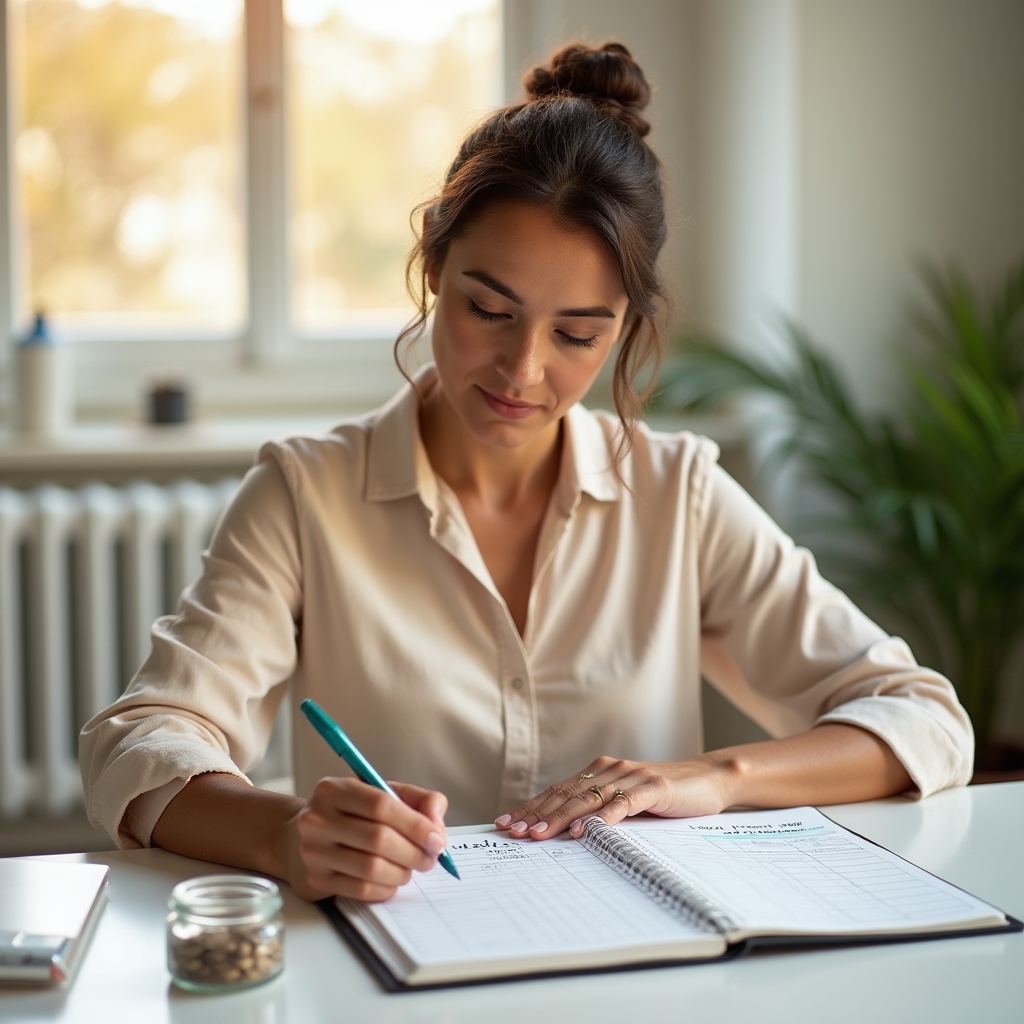 Woman in her 40s writing in a savings planner at a bright desk, focused and calm expression