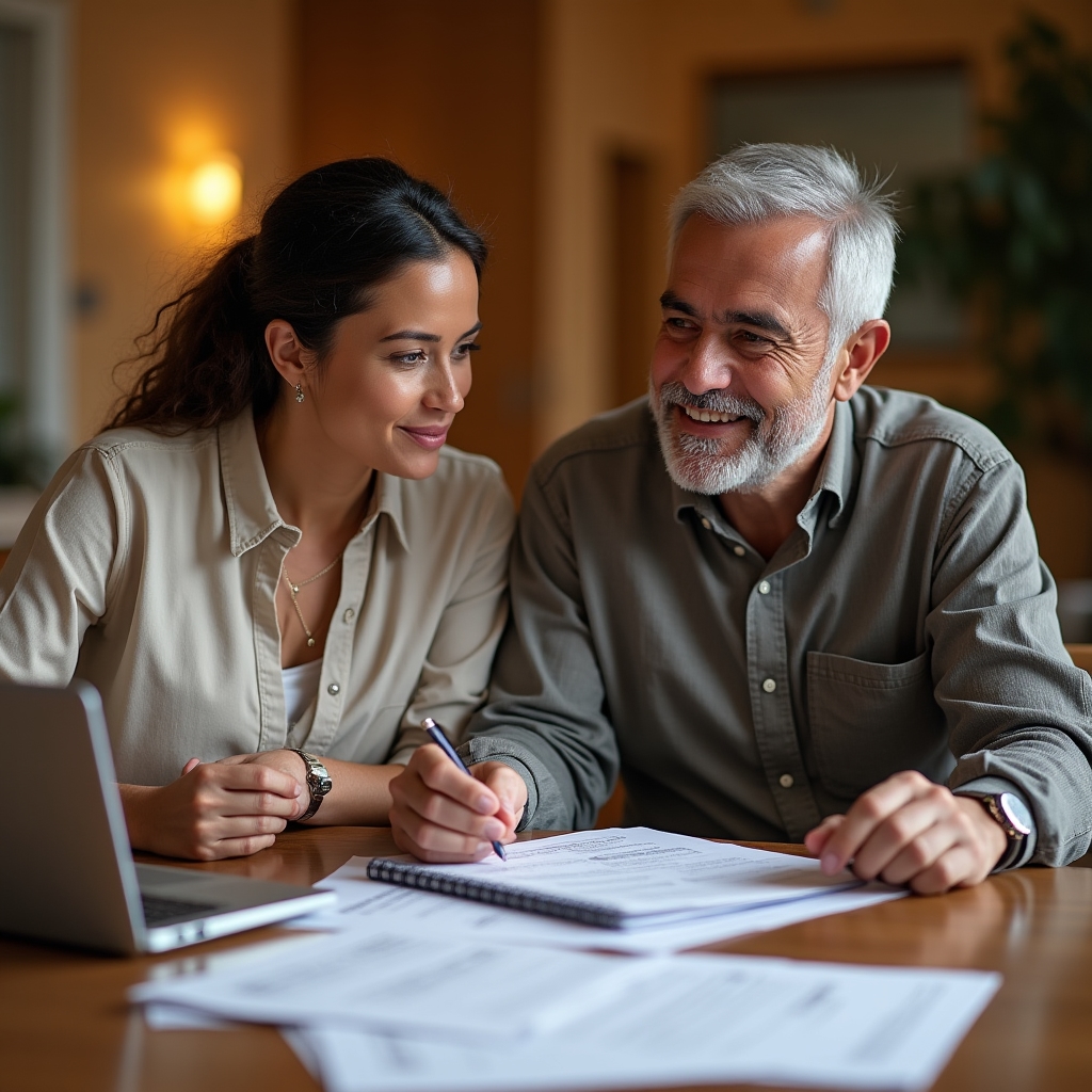 Two educators in their 50s reviewing educational materials at a conference table with notebooks and printed worksheets, warm professional environment